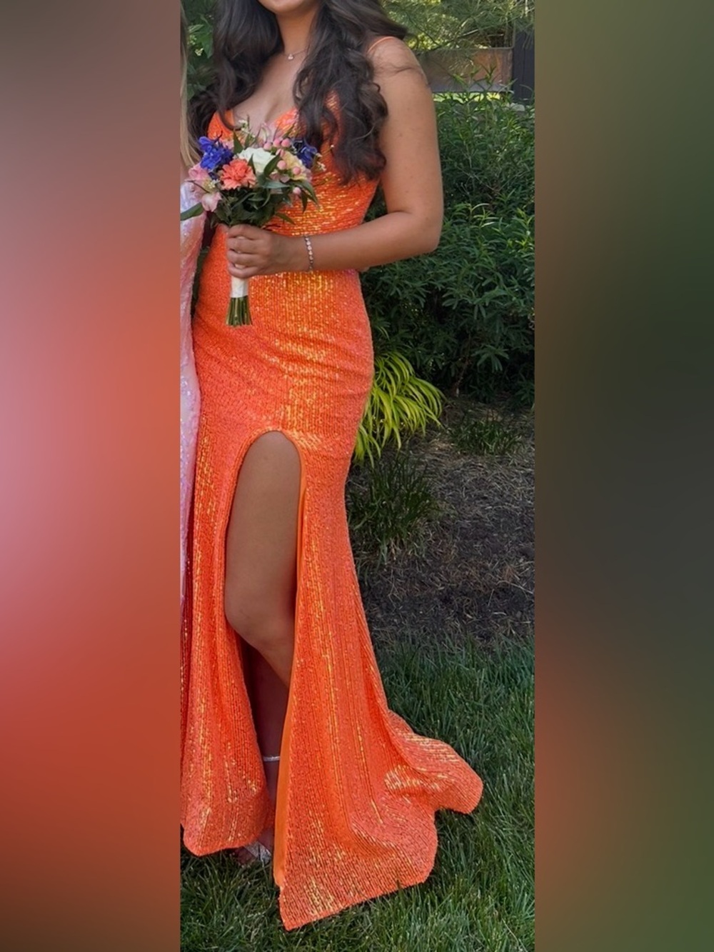 Orange Sequin High-Slit Evening Dress